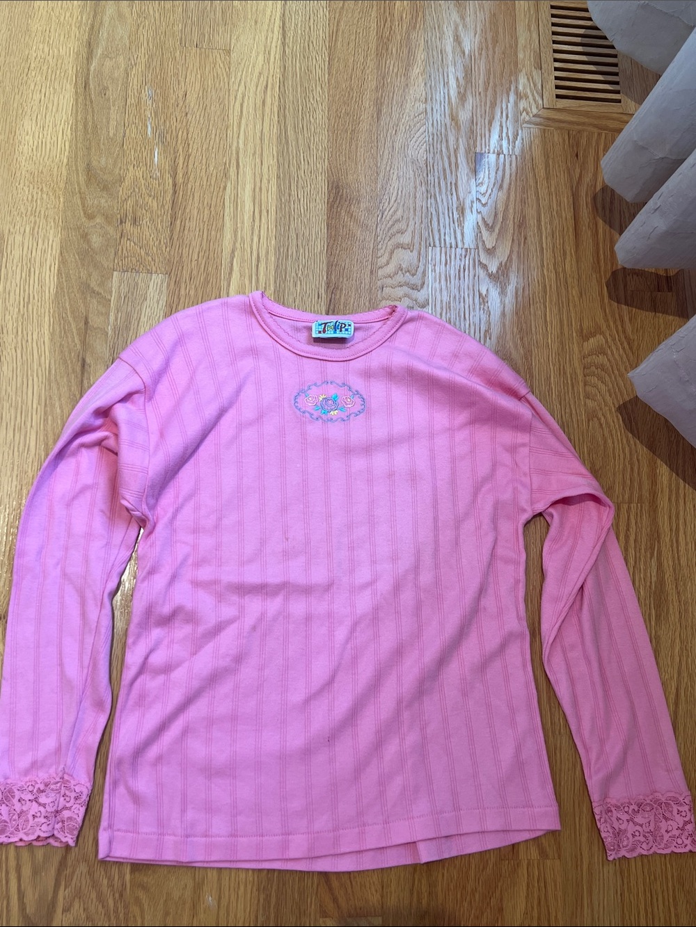 Vintage Tulip girls 14 Pink Ribbed Long-Sleeve Tee with Lace Cuffs